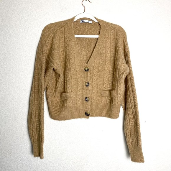 Zara Cable Knit Button Cropped Long Sleeve Cardigan Sweater Camel Tan - Picture 3 of 7